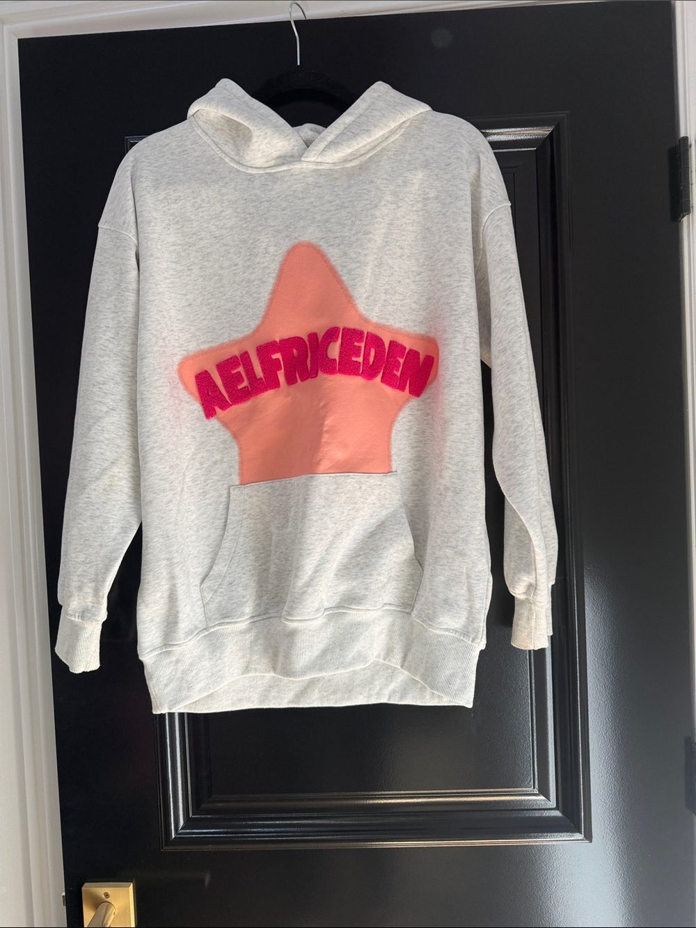 Aelfric Eden Heather Gray Hoodie with Pink Star and Fuchsia Lettering